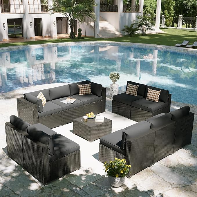 Aoxun Patio Furniture Set, 11 Piece Outdoor Sectional Sofas with Waterproof Cover, 10 Seats Wicker Rattan Outdoor Furniture Patio Conversation Set for Backyard, Garden Dark Grey