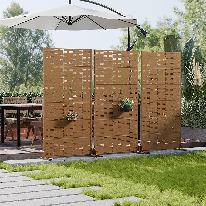 Casaphoria Metal Privacy Screen Outdoor, 72" H x 35" W Freestanding Decorative Privacy Screen for Patio Deck Balcony Garden with Stable Base, Brown-Brick
