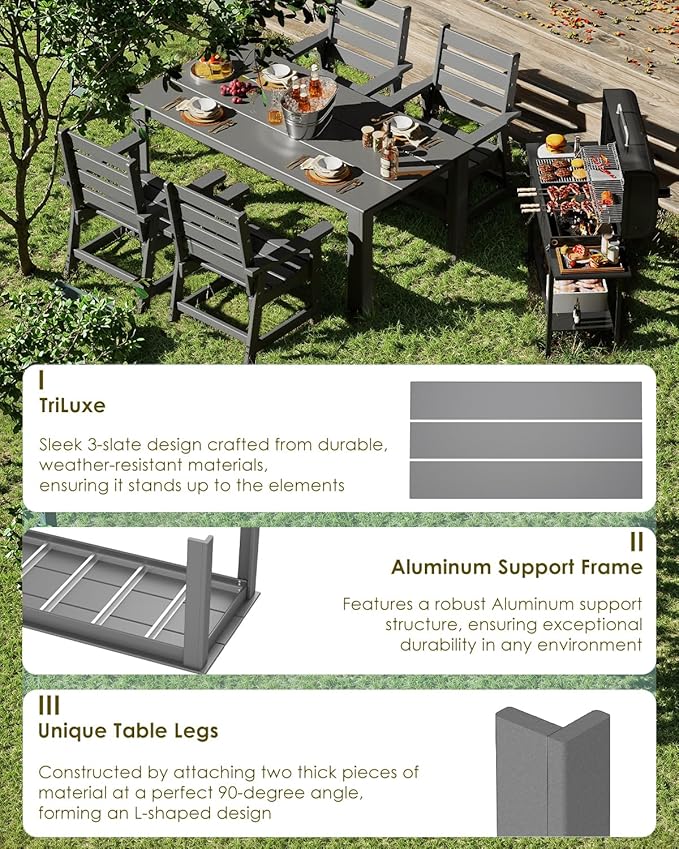GREENVINES Outdoor Dining Table | 67’’ | HDPE | Rectangle Tables for 6 | All-Weather | Umbrella Hole | Patio Furniture | for Poolside Backyard Garden | Grey