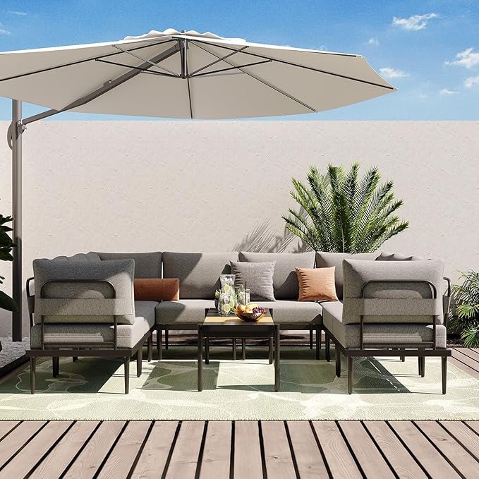 Sundale Outdoor 9 Pieces Patio Furniture Set, U-Shaped Outdoor Sectional Sofa with 6 Inch Olefin Cushion and Coffee Table, Modern Metal Outdoor Conversation Sets for Backyard, Poolside, Sunroom