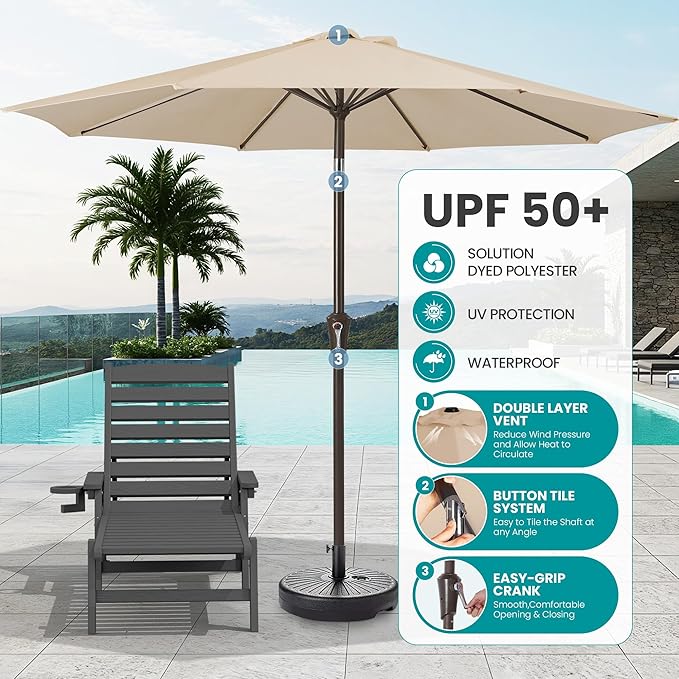 SERWALL Patio Chaise Lounge Chair Set of 2 with 9FT Patio Umbrella, 78'' HDPE Outdoor Lounger, Poly Lounge Chair with Rolling Wheels & Cup Holder for Pool,Slate Gray (Umbreall Base not Included)