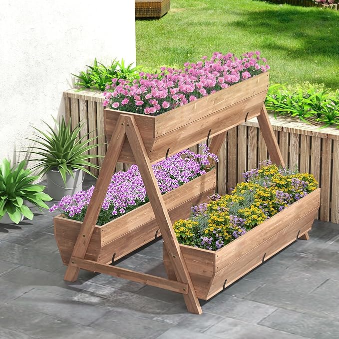 Giantex Vertical Raised Garden Bed, 3 Large Wood Planter Boxes for Flower Vegetable Fruit Herb, Freestanding Planter with Drain Holes, Elevated Raised Beds for Indoor Outdoor Lawn Patio Yard, Brown