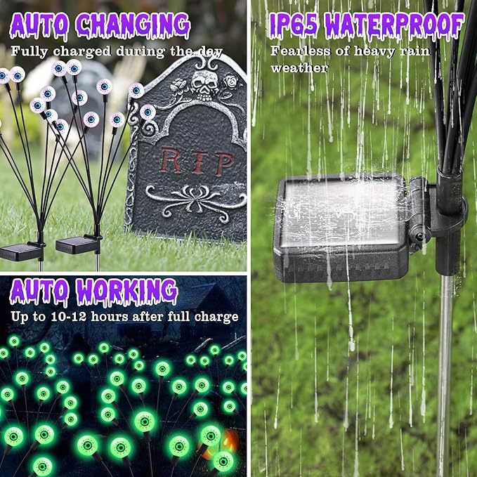 ASMAD Scary Solar Eyeball Lights, Waterproof Swaying Firefly Path Lights for Outdoor/Halloween Decorations/Garden/Yard/Patio/Party Decor, Green Eyeball, 4 Pack, 32 LEDs