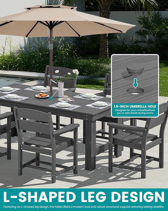 SERWALL Outdoor Dining Table Set, 67‘’ HDPE Patio Dining Set for 4, All-Weather Outdoor Table and Chairs Set for Deck, Grey