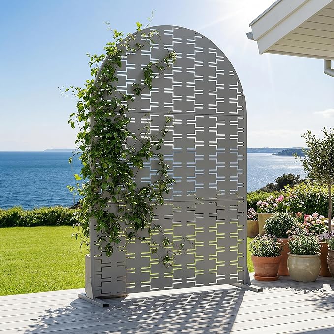Casaphoria Metal Arched Privacy Screen Outdoor, 72" H x 47" W Freestanding Decorative Privacy Screen for Patio Deck Balcony Garden with Stable Base, Grey-Brick