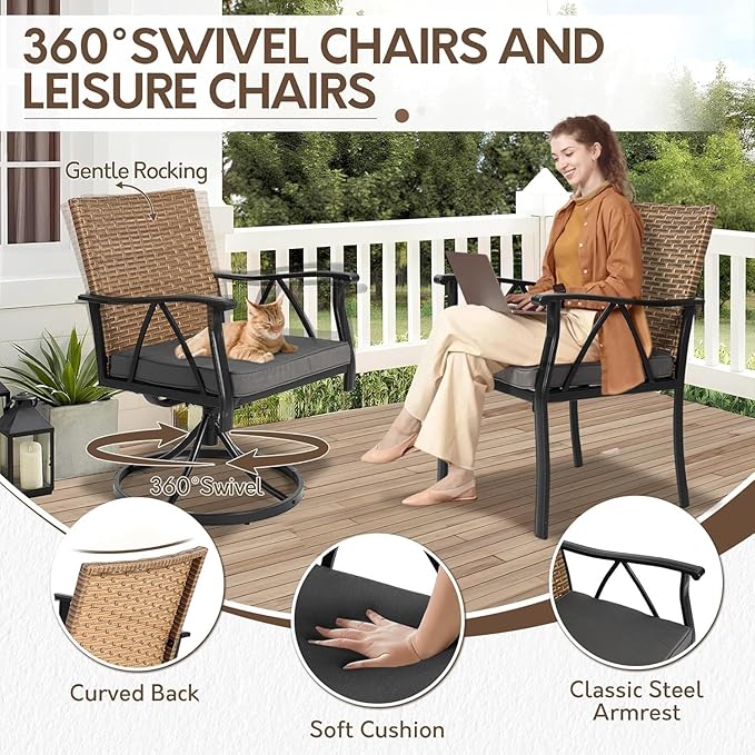 7-Piece Patio Dining Set for 6, Outdoor Dining Set with Wicker Swivel Patio Dining Chairs with Cushions & Black Rectangular Woodgrain Dining Table with 1.75”Umbrella Hole, Black & Brown