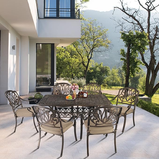 VINGLI 6-Person Outdoor Dining Table, Cast Aluminum Patio Dining Table with Umbrella Hole, Rectangle Patio Table Outdoor Furniture Garden Table (59" Lx35.4W x28.5 H)