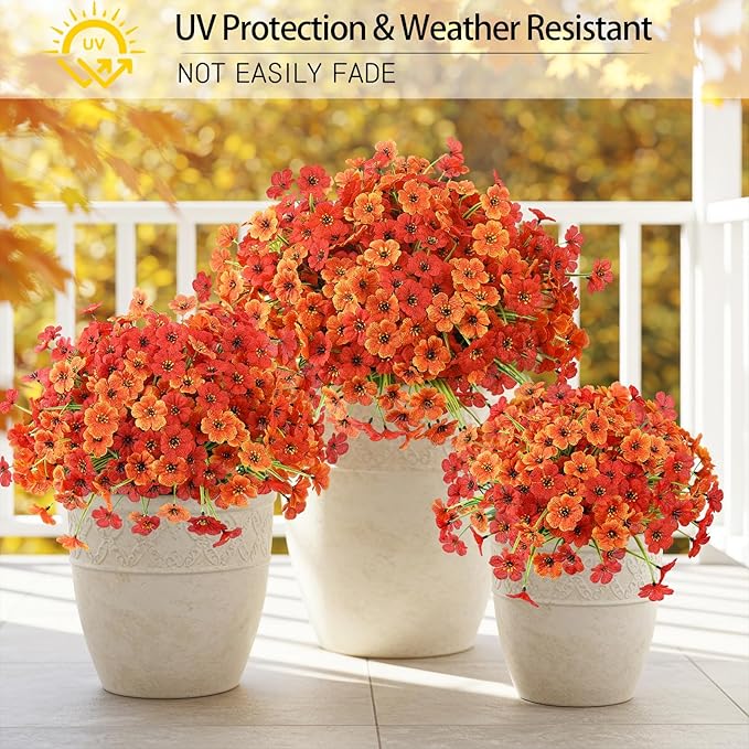 MACTING Artificial Fall Flowers for Outdoors 12 Bundles Faux Mums Outdoor Plants UV Resistant Fake Silk Flowers for Planters Garden Porch Patio Indoor Outside Autumn Thanksgiving Decor,Orange & Red