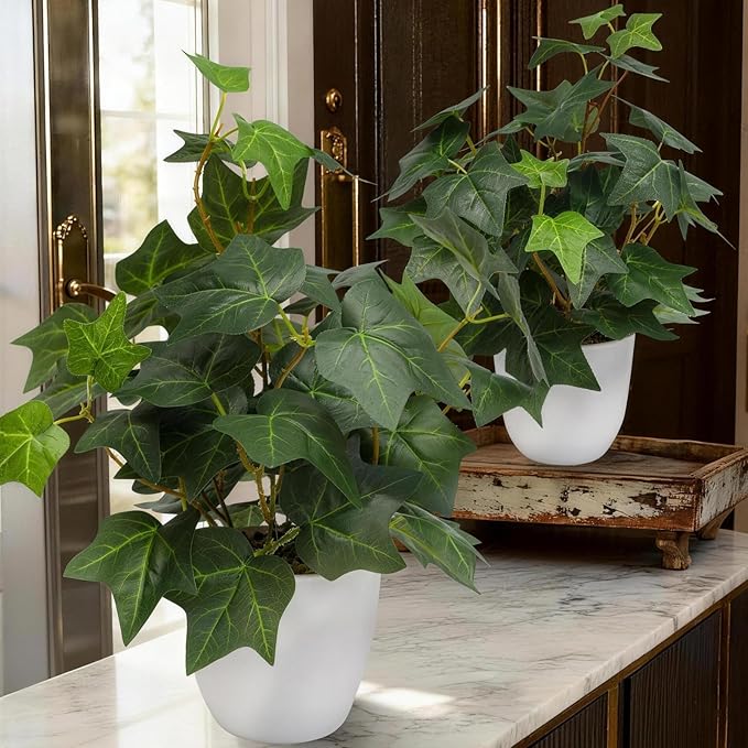 alyptus Fake English Ivy Plants in Pots Set of 2 – Realistic Artificial Ivy Greenery for Home Decor, Tabletop, Office, Shelf, Balcony or Bathroom - Green with White Pots