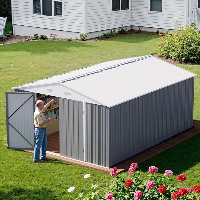 Greesum 10×14 FT Outdoor Storage Shed, Metal Storaged Sheds Without Floor, Tool Sheds with Lockable Doors and Sloping Roof for Garden, Patio, Gray
