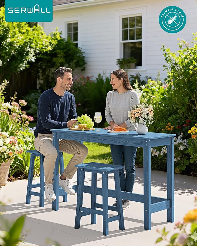 SERWALL 3-Piece Outdoor Bar Set, Rectangular All Weather HDPE Bar Height Patio Set, Outdoor High Top Table and Stools for for Outside, Poolside, Backyard, Garden, Blue
