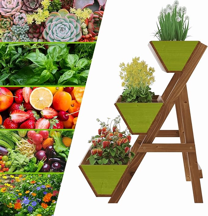 3-Tiers Wooden Raised Garden Bed Tiered Planter Box Flower Pots Vertical Garden Planter Wood Plant Stand for Vegetables Flowers Herbs for Patio, Balcony, Freestanding (Brown L)