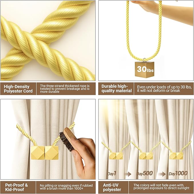 Hion Magnetic Curtain Tiebacks Golden 2pcs, Curtain Tiebacks Buckles Holdbacks Holders Hooks Clip for Home Bedroom Office Decorative Curtain