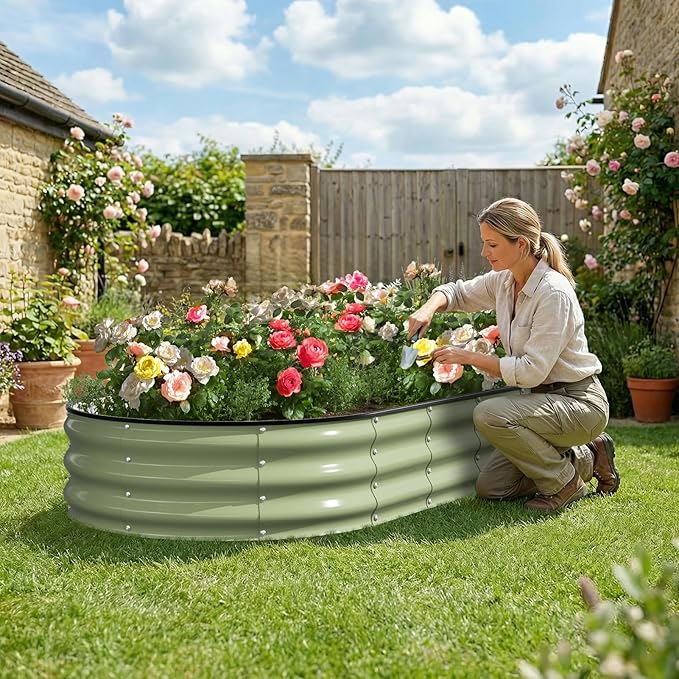 Kesfitt Raised Garden Bed, 6x3x1 FT Galvanized Steel Metal Raised Garden Bed, Oval Open-Bottom Design, 12-Inch Deep for Outdoor Vegetable & Herb Gardening, Fruit Green