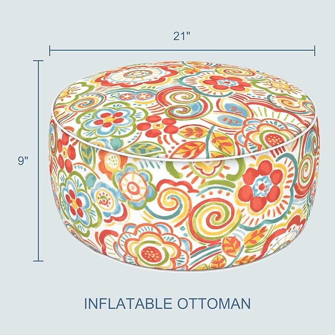 LVTXIII Indoor/Outdoor Inflatable Ottoman with Handle D21 x H9 Inch, Weather-Resistant Round Footstool Pouf for Patio Camping Living Room, Portable Footrest Extra Seating, Flower Multi