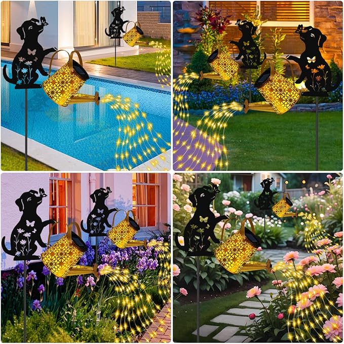 Solar Lights Outdoor Decorative, Watering Can with Cascading Lights, with Dog Silhouette Garden Stakes, Gifts for Mom Women, Waterproof Metal Garden Decor for Yard Art, Outside(1 Pack)