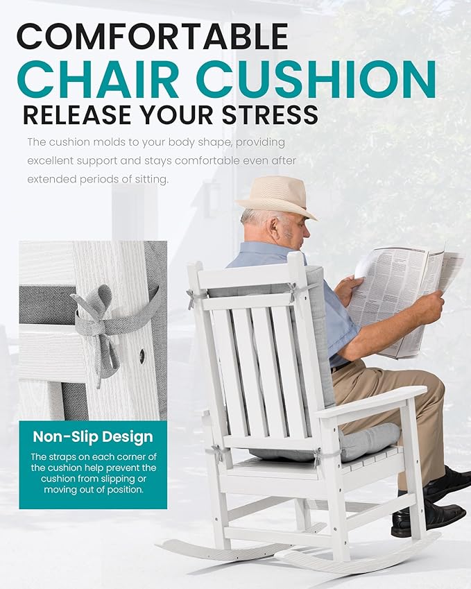 SERWALL HDPE Outdoor Rocking Chair Cushion Set of 2, Memory Foam Cushion Gray