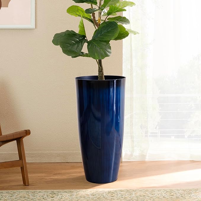 Glitzhome 30" H Tall Planters for Outdoor Plants, Set of 2 Plastic Large Outdoor Planters with Gradient Cobalt Blue Faux Ceramic Finish,Large Flower Pots with Drainage Holes for Front Porch Indoor