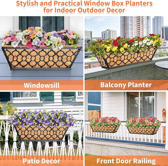 Riare 4 Pack 16 Inch Window Boxes Planters with Coco Liner, Metal Deck Railing Planter Boxes, Balcony Planters Railing Hanging, Horse Trough Window Flower Planter Boxes for Outdoor Porch Fence Patio