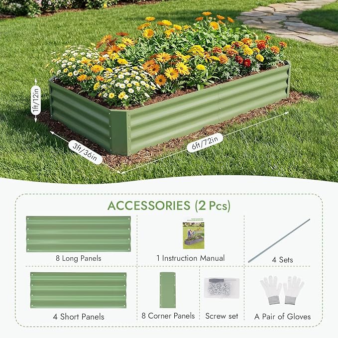 INNO STAGE 2Pcs Galvanized Raised Garden Bed Kit, 6x3x1FT Metal Raised Garden Beds for Vegetables, Rust-Resistant & Easy Assembly, Outdoor Raised Beds for Gardening, Flowers, Herbs (Green)