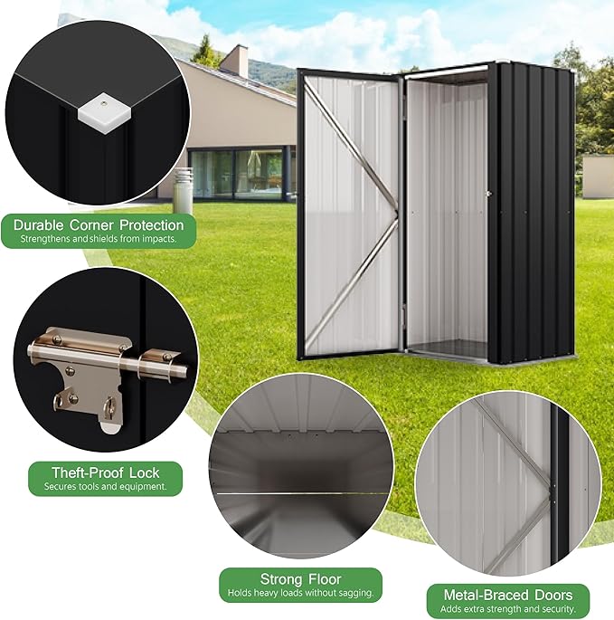Devoko 22 Cuft Lockable Metal Storage Shed, Vertical Indoor Outdoor Tool Cabinet with Non-Adjustable Shelves for Patio Garden Backyard, Black