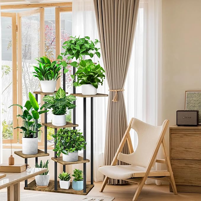 7 Tier Plant Stand Indoor, Thickened Metal Wood Corner Plant Shelf Stands for Multiple Plants, Indoor Tall Plants Stand Tiered Flower Holder for Living Room Patio Garden Balcony(Black+Brown)