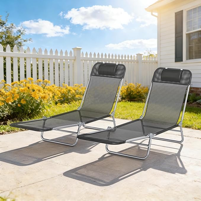 Outsunny 2 Piece Folding Chaise Lounge Chairs, Pool Sun Tanning Chairs with Reclining Back, Breathable Mesh Seat, Headrest for Beach, Yard, Patio, Black