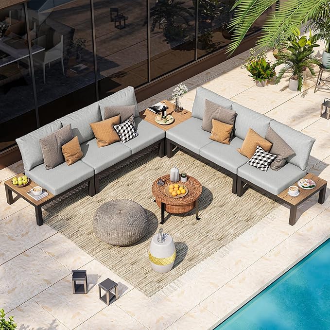 Aluminum Modular Outdoor Patio Furniture Set, 6 Seats Sectional Sofa Set with Adjustable Backrest & Thick Cushions, All-Weather L-Shaped Corner Set with Table for Garden & Yard, Gray