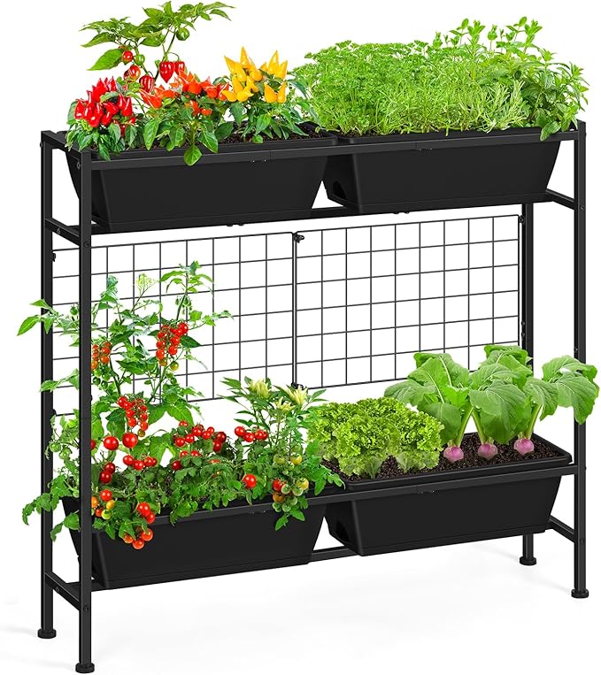 OYEAL Raised Garden Bed 32" Tall Elevated Planter Boxes with Trellis & Legs, Standing Herb Garden Planter Outdoor for Gardening, Vegetables, Flowers, Herbs, Backyard, Black
