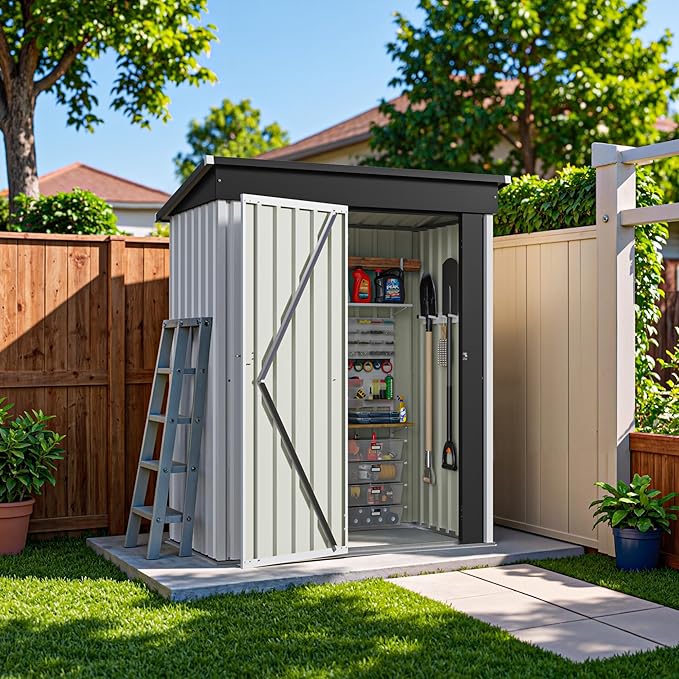 Greesum 5×3 FT Outdoor Storage Shed, Metal Storaged Sheds Without Floor, Tool Sheds with Lockable Doors and Sloping Roof for Garden, Patio, Backyard, White