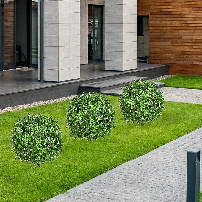 Artificial Topiary Bushes for Outdoors with Spike, Boxwood Ball Fake Shrubs UV Resistant Faux Plants for Indoor Outdoor Fall Thanksgiving Halloween Decor (Gypsophila Boxwood White-2 Packs)