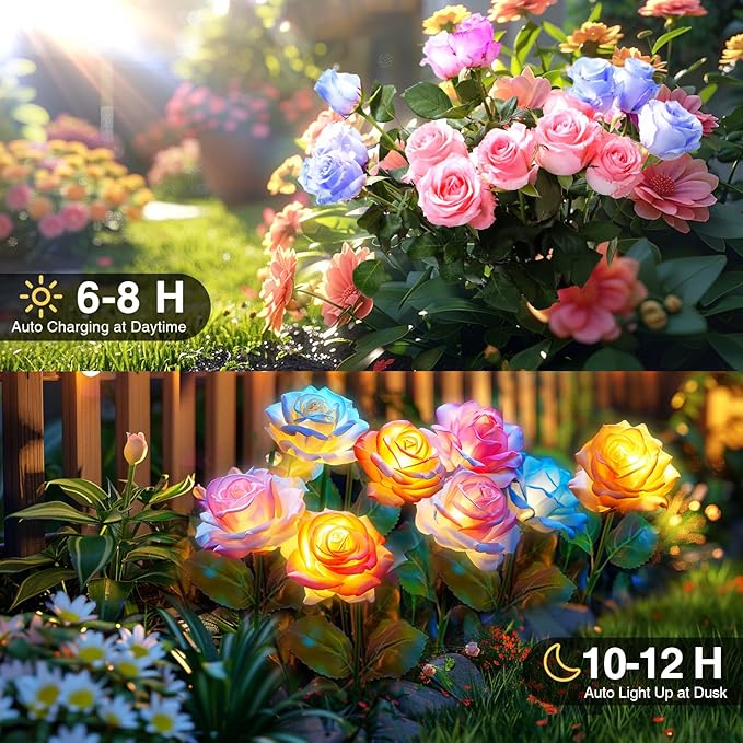 10 Pack Solar Flowers Lights Outdoor Waterproof for Garden Decor, Solar Garden Lights for Outside, Outdoor Solar Lights for Yard with Solar Rose Lights, Yard Decorations