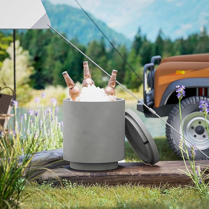 HOMCOM 2.6 Gal Outdoor Cooler Side Table, 3-in-1 Cool Coffee Table with Storage, Removable Ice Bucket and Lid, Concrete Small Patio Table for Party, Poolside, Deck, Gray