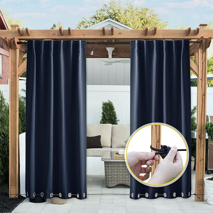 NICETOWN 2 Panels Outdoor Curtains for Patio Waterproof Extra Long 108", Windproof Thermal Insulated Top & Bottom Grommet & Back Tab Blackout Porch Drapes with Rope for Fixed, Navy Blue, 104" Wide