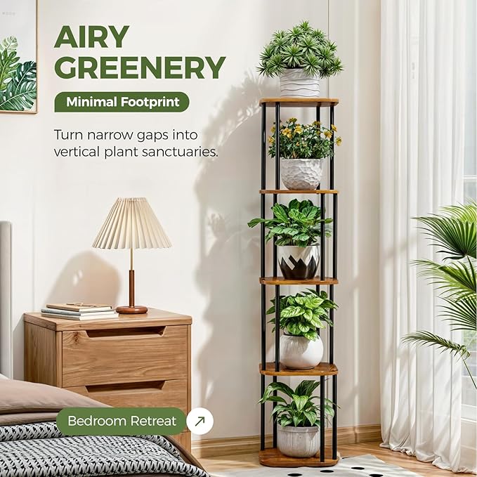 Bamworld Tall Plant Stand Indoor, Corner Plant Shelf for Multiple Plants, 5 Tier Metal Flower Pot Stands for Patio Garden Balcony Living Room Bedroom