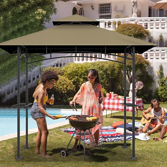Grill Gazebo Replacement Top, 5 * 8 Outdoor BBQ Top Cover, Double Layer BBQ Gazebo Top Canopy for Model #L-GG001PST-F (Khaki)