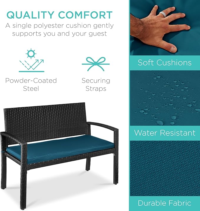 Best Choice Products Outdoor Bench 2-Person Wicker Garden Patio Benches Seating Furniture for Backyard, Porch w/Seat Cushion, 700lb Capacity - Peacock Blue/Black