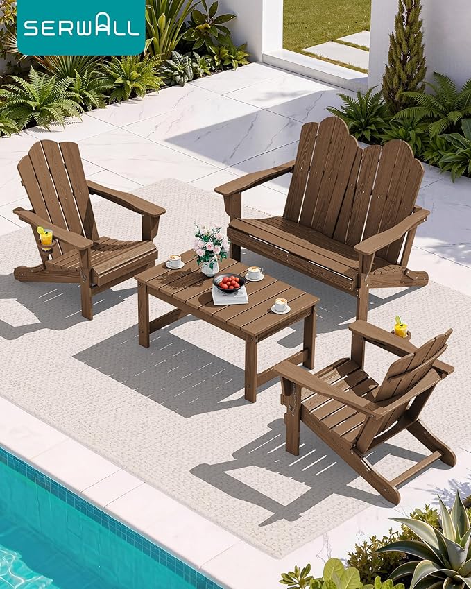 SERWALL Outdoor Coffee Table with 1.69" Umbrella Hole, HDPE Patio Coffee Table for Outside, Rectangle, Brown