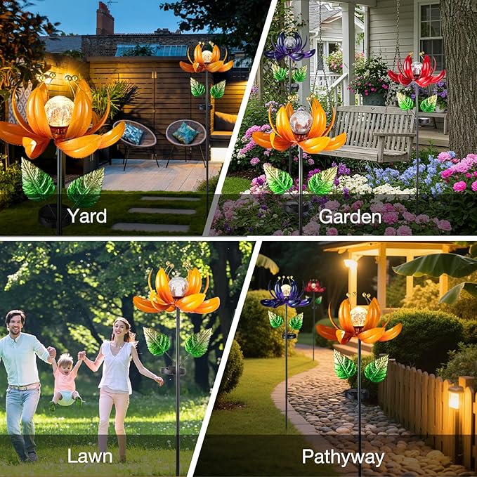Outdoor Solar Lights Garden Decor,Wind Spinner Yard Decorations for Outside, Lotus Garden Windmill with LED Cracked Crystal Waterproof Flower Sculpture for Patio Lawn Gardening Gifts
