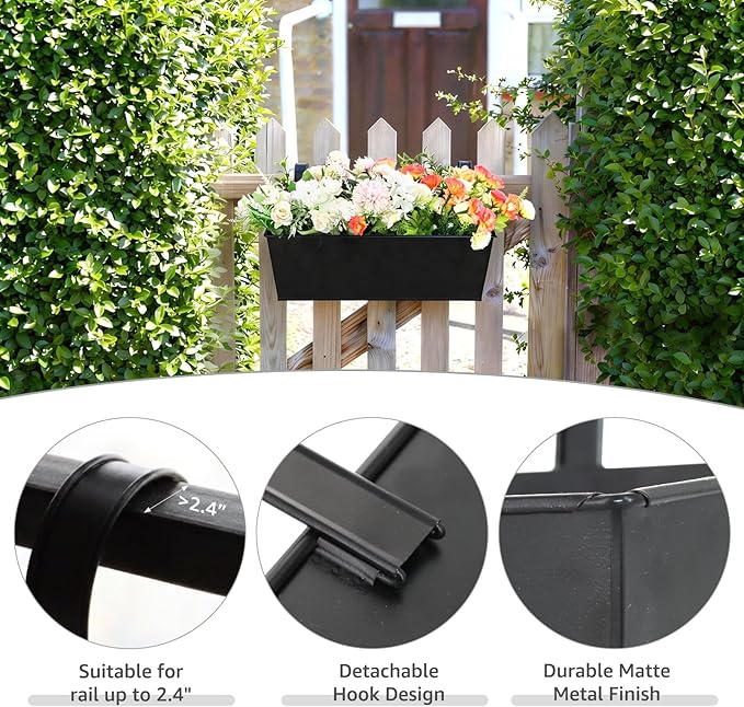 3 Pack Metal Railing Planters, 16 Inch Large Rectangular Hanging Flower Pots with Detachable Hooks & Drainage Holes, Fits Rails up to 2.5", Galvanized Iron Window Box for Balcony Garden - Black