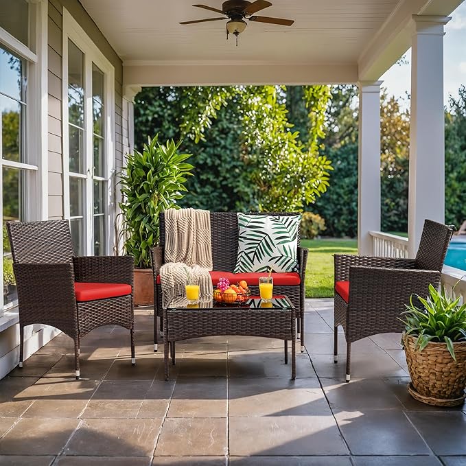 Homall 4 Pieces Patio Rattan Chair Wicker, Outdoor Indoor Use Backyard Porch Garden Poolside Balcony Furniture Sets (Red)