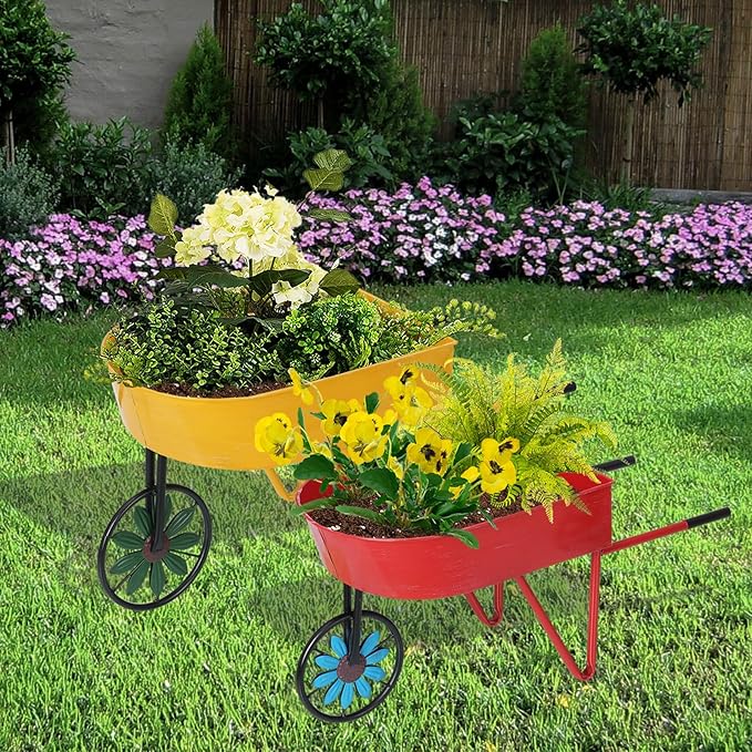 BAYN Metal Wheelbarrow Flower Cart Planter, 2 Packs Plant Stands with Triangular Support Handles Non-Rolling Wheel Vintage Wagon Planter Pots for Home Patio Garden Backyard Rustic Outdoor Decor