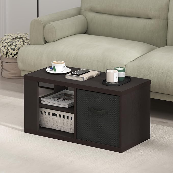 Furinno Viola Coffee Table, 3-Tier Modern Coffee Table with 1.2 Thick Tabletop, Side Table with Open Shelf and Storage Bin, for Living Room, Bedroom, Home Office, Dark Oak