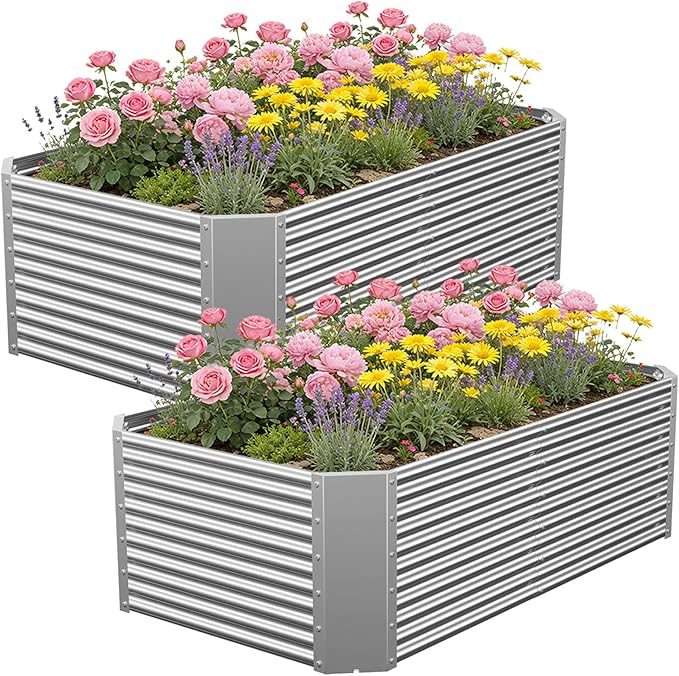 2 Pack 4x2x1.4 ft, (16" Tall) Galvanized Steel Raised Garden Bed, Large Metal Planter for Vegetables, Herbs & Flowers, Durable Outdoor Garden Box for Yard, Terrace, and Balcony