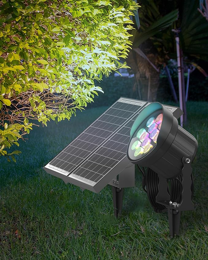 Ofuray Solar Spot Lights Outdoor, RGB Color Changing with 8 Lighting Modes, IP67 Waterproof Landscape Lights 9.8ft Cable, 12000mAh High Power Dusk to Dawn Solar Spotlights for Garden & Outdoor Décor