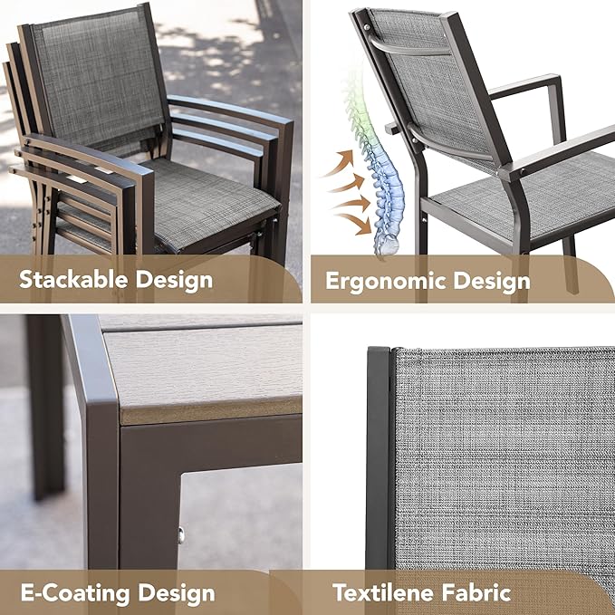 Devoko Patio Dining Set 7 Piece Outdoor Furniture with Rectangular Table and 6 Stackable Chairs Family Conversation Set for Garden Backyard Deck (Grey)