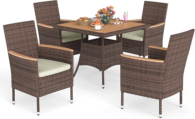 Wisteria Lane 10-Pieces Outdoor Patio Table and Chairs, Rattan Patio Table Set with Acacia Wood Tabletop, Patio Dining Furniture Set for 8 with Removable Cushions for Deck Garden Backyard, Brown