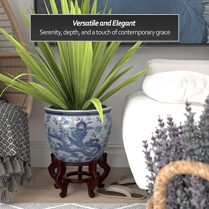 Red Lantern 14" Dragon Blue & White Porcelain Fishbowl Planter or Cachepot for Indoor/Outdoor Use in Garden Entryway Living Room Boho Eclectic Modern Contemporary Classic Traditional Style Decor