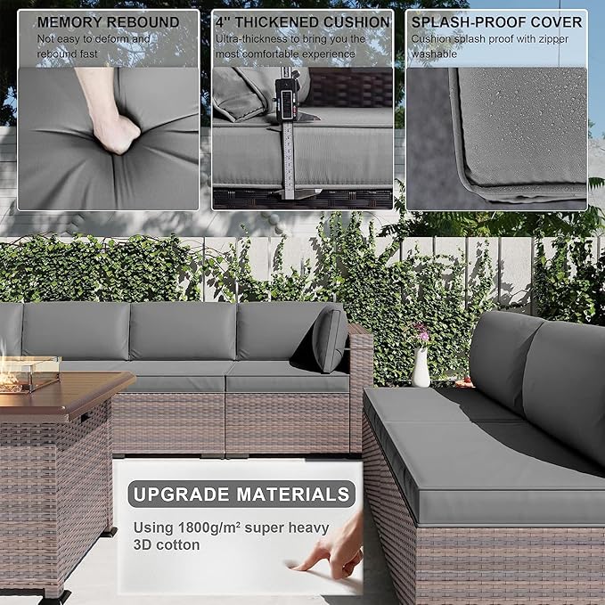 Kullavik 13 Pieces Outdoor Patio Furniture Set with 43" 55000BTU Gas Propane Fire Pit Table PE Wicker Rattan Sectional Sofa Patio Conversation Sets,Grey