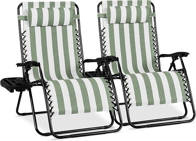 Best Choice Products Set of 2 Extra Wide Adjustable Steel Mesh Zero Gravity Lounge Chair Recliners w/Pillows and Cup Holder Trays - Sage Green Stripes